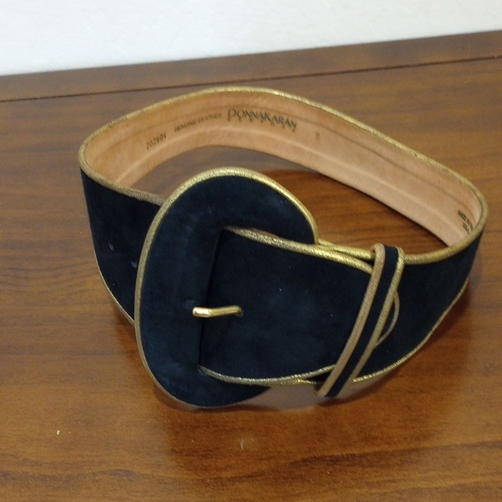Donna Karan Black Suede Belt Oversized Buckle Gold Piping - S - Vintage 80s -90s